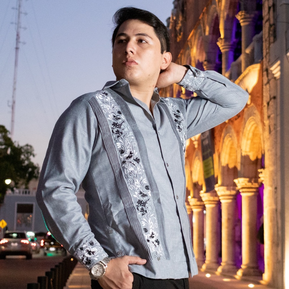Gray Handmade Mens Wedding Mexican Guayabera Dress Shirt Long Sleeve